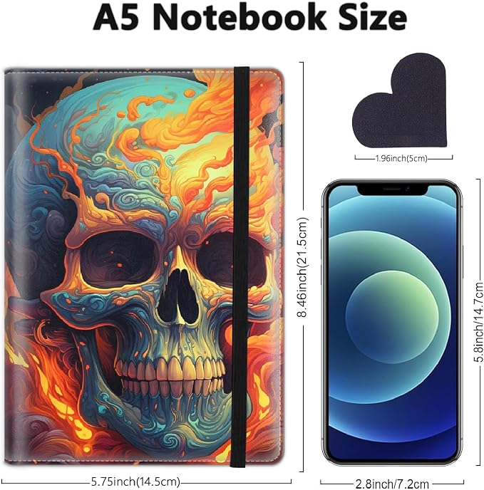 A5 Leather Lined Journal Notebook, 200 Pages Hardcover Executive Notebook for Men Women Office School Note Taking, Thick Writing Paper Daily Journal with Bookmarks/Indexes, Skull and Fire