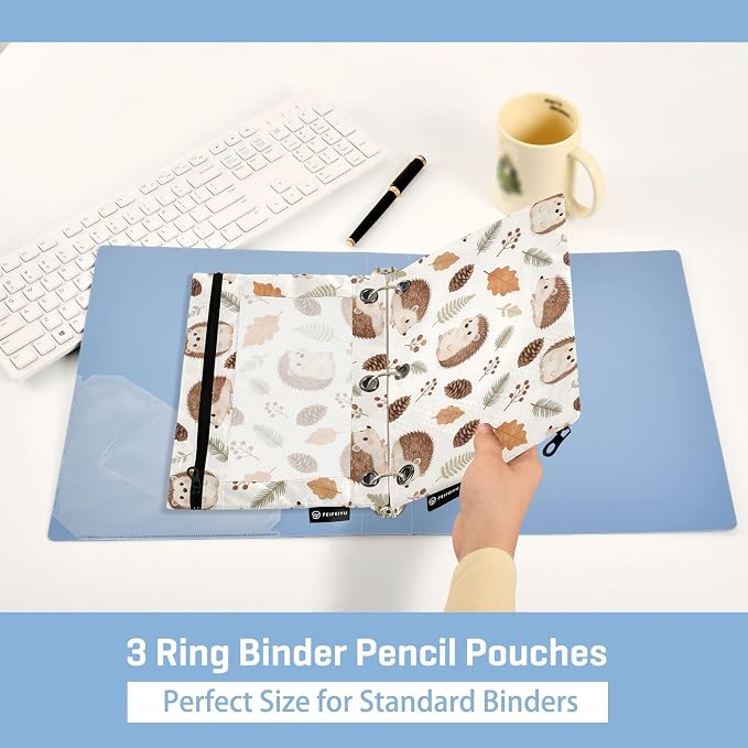 Hedgehog Pencil Pouches for 3 Ring Binder, Zipper Binder Pencil Case, 2 Pack Clear Window Case Bag for Office Organizers
