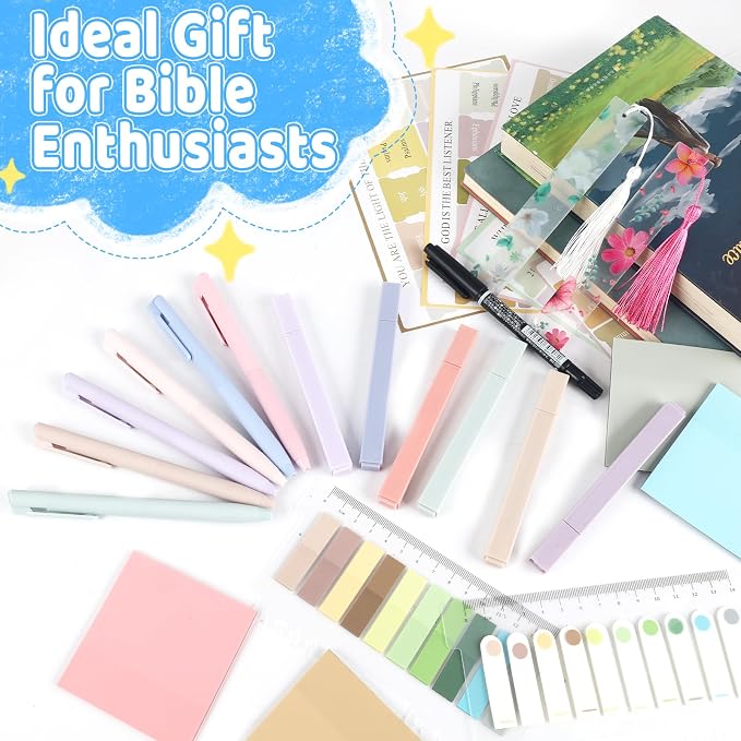 26Pcs Bible Study Supplies Journal Kit Aesthetic Pastel Highlights Pens Tabs Bookmarks for Women Teens School Accessories Cute Colorful Bible Highlighters Pens No Bleed Sticky Notes Index Maskers