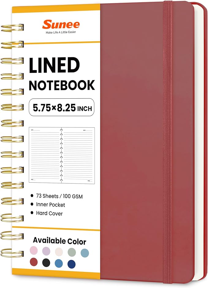 SUNEE Lined Spiral Journal Notebook for Women, 146 Pages College Ruled Hardcover Journaling Notebook for Work, Note Taking and Office School Supplies, A5 -Burgundy