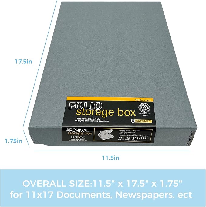 Lineco Clamshell Archival Storage Box, 11.5x17.5x1.75 Inch, Gray | Acid-Free with Metal Edge Boxboard, Organize and Store Photos Documents Cards Negatives Magazine Prints Family Records DIY