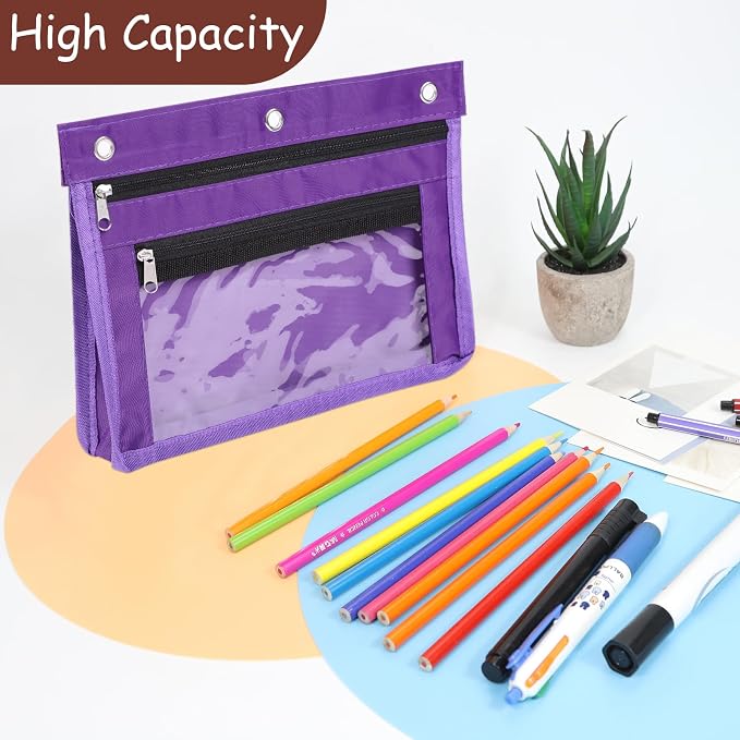 YoeeJob 1 Pack Pencil Pouch for 3 Ring Binder, Expandable Binder Pouches with Zipper, Large Capacity Pen Holder Case with Clear Window School Class Office Organizers, Purple
