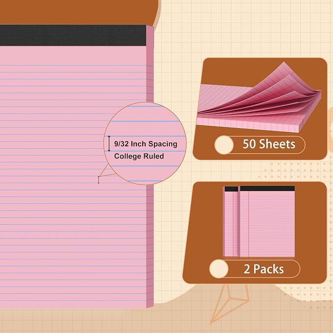 Legal Pads 8.5 X11, Narrow Ruled Notepads, 2 Pack, 50 Sheet/Pad | Pink Legal Pads, Tear Off Notepad, Perforated Writing Pad, Notebook Paper College Ruled, Notepads For Office Home School