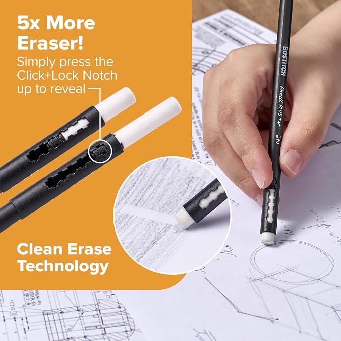 Bostitch, Wood-Cased Pencil Plus, Retractable Eraser, American Cedar Wood, #2 HB, Round, Matte Black, Pre-sharpened, Ten Pack