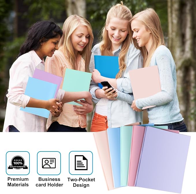 2 Pocket Folder with Prongs (15 Pack, Pastel), Plastic Folders with Pockets | Pastel Colors, Business Card Holder, Fit Letter Size, Organizing Papers, in School, Office, Business