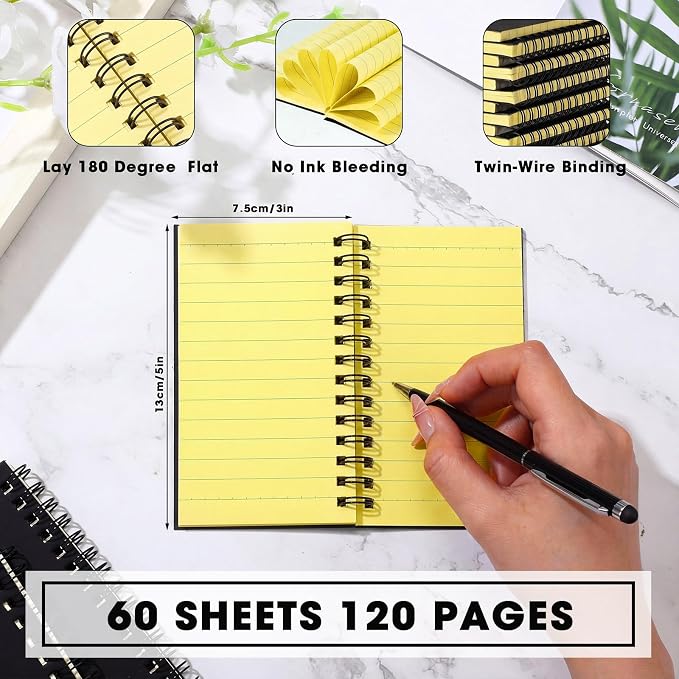 Jutom 2 Pcs Small Spiral Notebooks Memo Pads 3x5 Bulk Small Pocket Notepads Back to School Supplies Mini Notebook with Lined Mini Journals for Office & Work, 120 Pages (Black Cover Yellow Page)