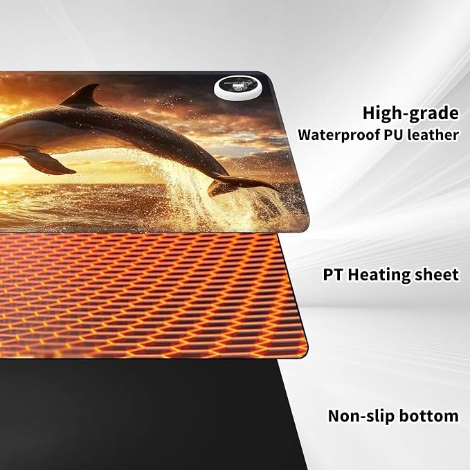 Heated Desk Pad Mouse Pad,Heated Desk Mat,with 3 Heating Levels & 3 Hours Auto Shut-Off,Leather 23.6"*14.2" Gaming Mouse Laptop Mat,Foot Warmer,Dolphin Sunset