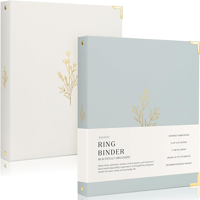 Aesthetic 3 Ring Binder Set of 2 - Sturdy 1 Inch Binder Fits Letter Sized Paper - A Cute Holder for Women or Men with Pocket Easily Organizes Your Paperwork for School, Office or Work