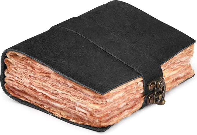LEATHER VILLAGE Leather Bound Vintage Journal for Women & Men - Book of Shadows - Lock Closure - 200 Pages of Antique Deckle Edges Handmade Watercolor Paper - Rustic Black - 13X8 inches