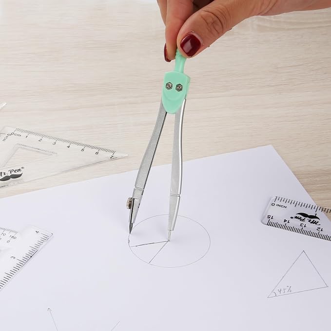 Mr. Pen- Geometry Set, 13 pcs, 3 Metal Compasses, Protractor, 6" Ruler | 45° & 30°/60° Set Squares, Pencils, Lead Refills, Sharpener & Eraser for Math, Drafting & Classroom Use | 45° & 30°/60° Set Squares, Pencils, Lead Refills, Sharpener & Eraser for ...