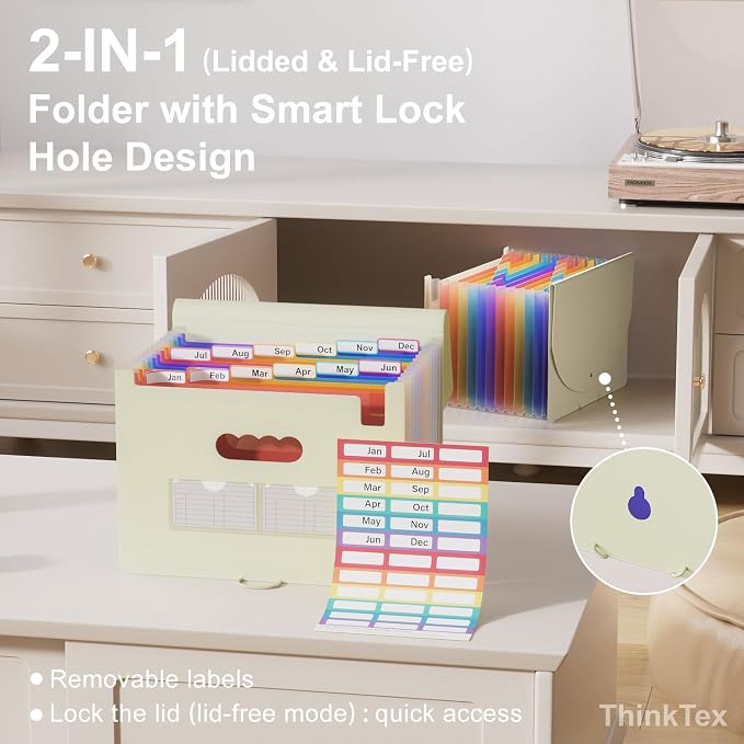 ThinkTex Accordion File Organizer, 12 - Pocket Expanding File Folders | for Receipts, Bills&Taxes Organizer, Letter/A4 Size Document Holder for School, Office, Home with tabs-Beige Color