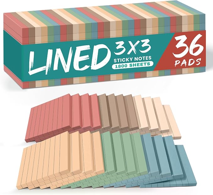 Lined Sticky Notes, 3x3 Inches, 36 pad, Self-Stick Note Pads for Office, Study & Daily Organization, Ideal for Notes and Reminders - Vintage