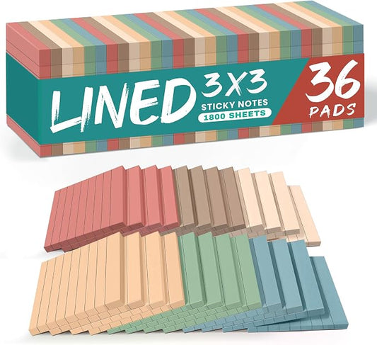 Lined Sticky Notes, 3x3 Inches, 36 pad, Self-Stick Note Pads for Office, Study & Daily Organization, Ideal for Notes and Reminders - Vintage