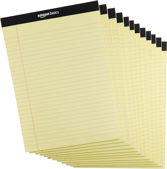 Amazon Basics Wide Ruled Lined Writing Pads, 8.5" x 11.75", Canary, 12-Pack of 50 Perforated Sheets, Sturdy Backing