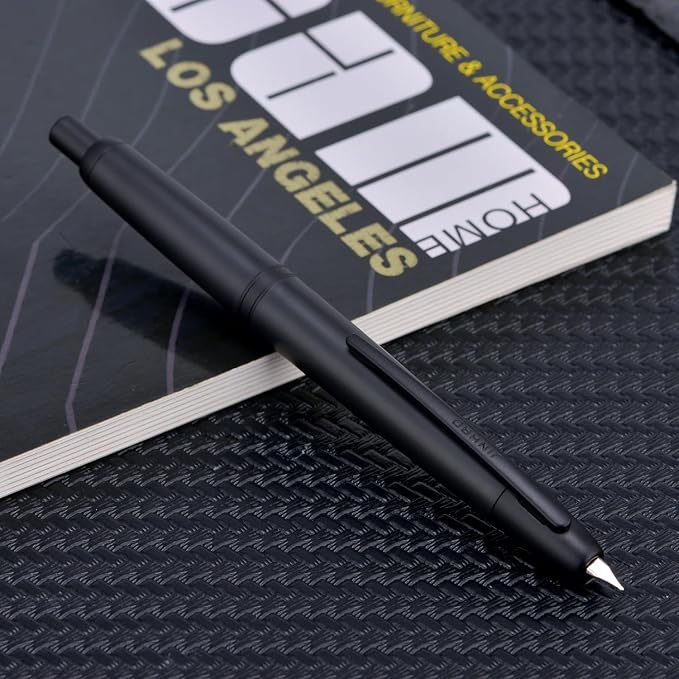 Jinhao 20 Press Fountain Pen, Matte Black Retractable Fine Nib with Ink Converter Set (Black Clip)