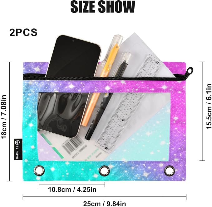 Gredecor 3 Ring Binder Pencil Pouch, Gradient Sparkles Glitter Zippered Pen Case Pouches with Clear Window, 2 Pack Stylish Office & School Supplie