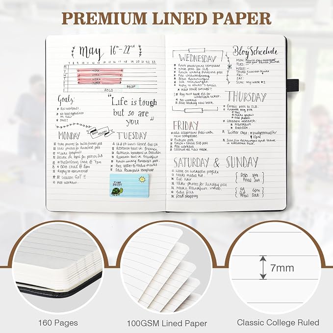 Lined Journal Notebook, 3 Pack A5 College Ruled Notebooks for Work, Hardcover Notebook Each with 2 Pockets & Pen, Leather Journal for Women, Men, 160 Pages, 100GSM Thick Paper ( Brown 5.7" x 8.3" ) | Each 160 Lined Pages, 5.75" x 8.38", PU Leather Hard...
