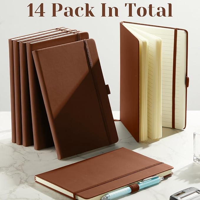 Laumoi 14 Pack Hardcover Journal Notebooks Bulk Journaling Notebook Wide Ruled PU Leather Ruled Lined Journals with Pen Holder for School Business Work Writing (Brown,A5)
