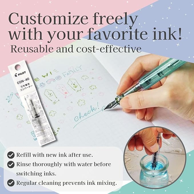 Fountain Pen Set CON-40 Converter & Kakuno Fine Nib with Black Ink Cartridge & Sticky Notes – Refillable Ink System, For Beginners, Calligraphy (Pink FKA-1SR-KGP-F)