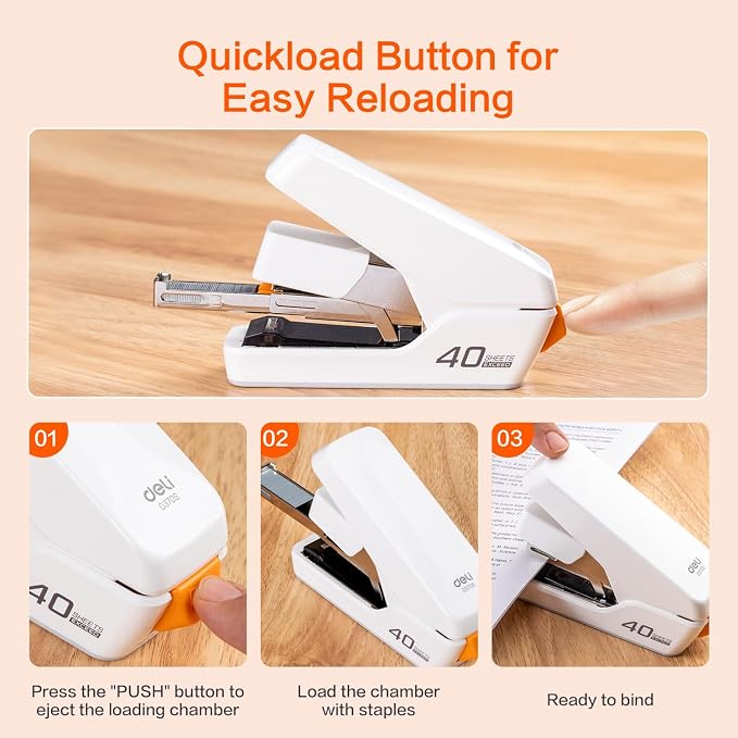 Deli Stapler, Effortless Staplers for Desk, 40 Sheet Capacity Heavy Duty, One Touch, No Effort, Easy to Load, with 2000 Staples & Staple Remover, Good for Office, Home Use, White