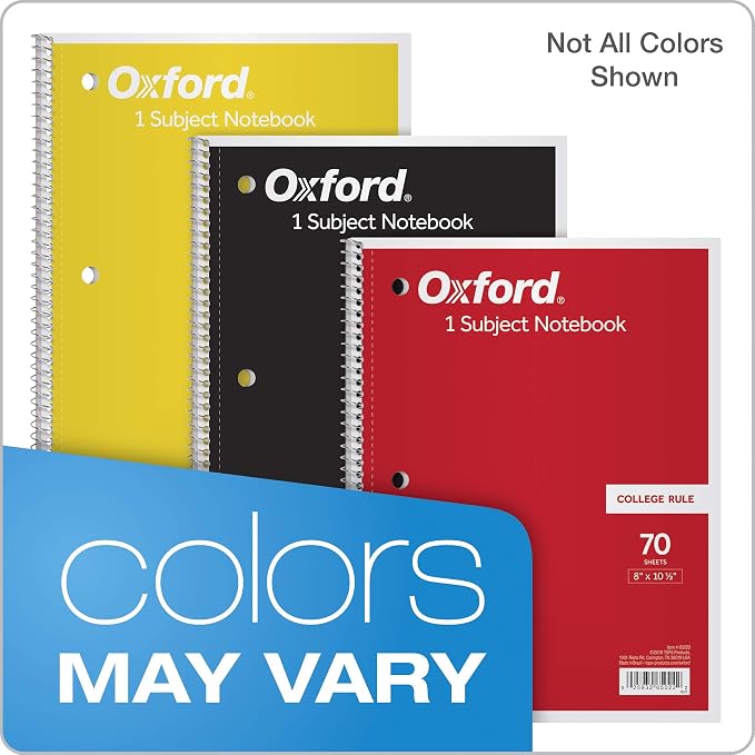 Oxford Spiral Notebook,1 Subject,College Ruled Paper,8 x 10-1/2 Inch,Color Assortment Design May Vary (65007),(Pack of 24)