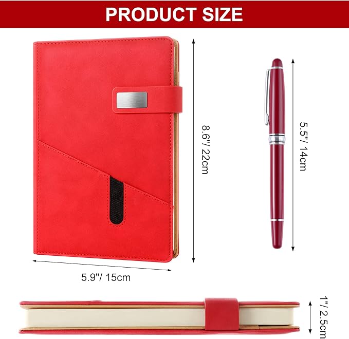 A5 Lined Leather Journal with Pen, 240 Pages Refillable Hardcover Notebook with Pocket and Magnetic Buckle, 80gsm Thick Daily Diary for Men and Women, Great Gift for Business Travel Personal - Red