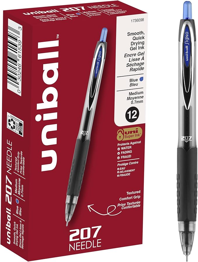 uniball 207 Needle Retractable Gel Pens, Medium Point (0.7mm), Blue, 12 Pack
