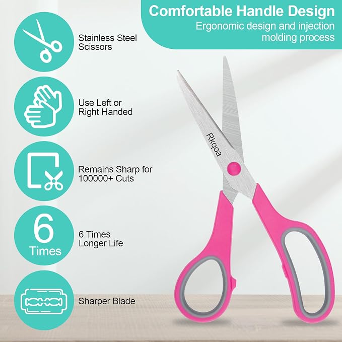 Black 6 Scissors Pack, Rkqoa 8" All Purpose Sharp Scissor for Everyday Use | Comfort-Grip Scissor for Office School Classroom Fabric Craft Sewing Supplies, High/Middle Student Teacher, Right/Left Handle