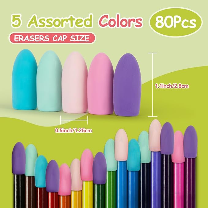 Sukh Cap Erasers for Pencils Pulk - 80 PCS Pencil Top Erasers Pencil Cap Toppers for Latex Free 5 Colors School Erasers Cap for Teachers Classroom Home and Office