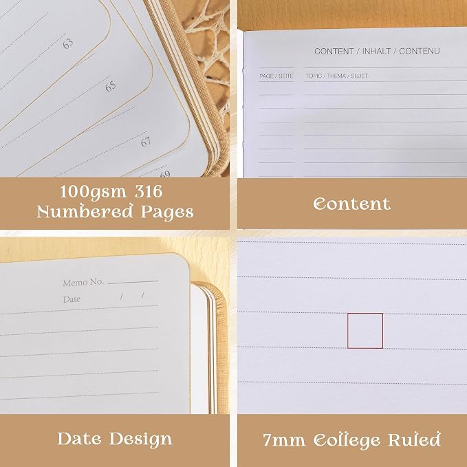 MGGAO Lined Journal Notebook for Women Men, A5 Aesthetic Notebook | 316 Numbered Pages, Golden Edges, Faux Leather, College Ruled, Hardcover, for Writing, Note Taking, School & Office