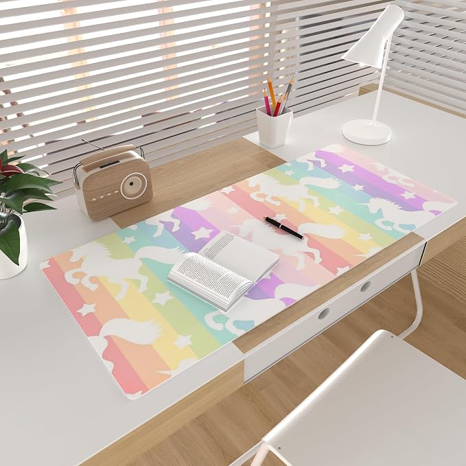 Colorful Star Pink Unicorn PU Leather Waterproof Desk Pad, 31.5" x 15.7" | Girls Women Cute Desk Mat, Rainbow Desk Accessories Kawaii Office Décor, Non-Slip Large Writing Mat for Kids
