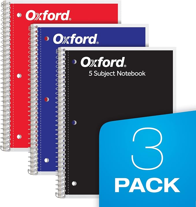 Oxford Spiral Notebook,5 Subject Writing Journal, 3-Hole Punch, College Ruled Paper, 4 Dividers, 8 x 10-1/2 Inch, Black, Red, Blue, 180 Sheets (65203)(Pack of 24)