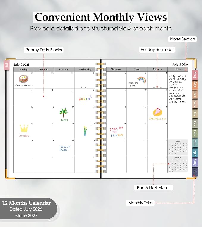 Academic Planner 2026-2027, Hardcover Leather Weekly and Monthly Calendar Planner from July 2026 - June 2027, A5 6.1" x 8.2" Daily Agenda with Tabs, College School Organizer for Student Teacher, Black