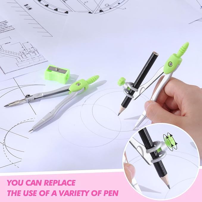 Zonon Math Geometry Set for Students 10 Pcs Compass Geometry Tools Kit Includes Protractor Compass Lead Refills Rulers Pencil Sharpener Eraser Pencil Storage Box for Drafting and Drawings(Green)