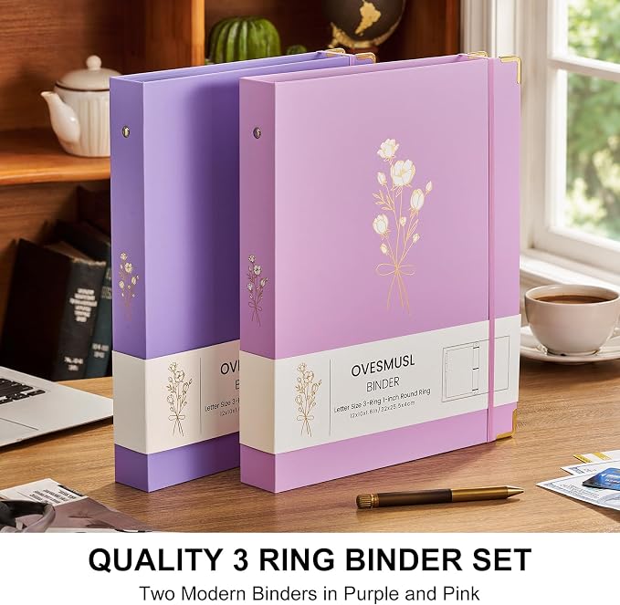 OVESMUSL Aesthetic 3 Ring Binder 1 Inch Set of 2, Decorative Hardcover Paper Binders for School, Office and Recipe Organizing, Fits 8.5 x 11 Letter Size, Purple and Pink