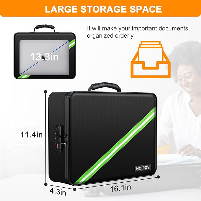 Noiposi 5200℉ Fireproof Document Box with Lock 16.1"x11.4"x4.3" | Portable ,Home ,Travel Water Resistant Document Storage Organizer with for Important Documents and File ,Black