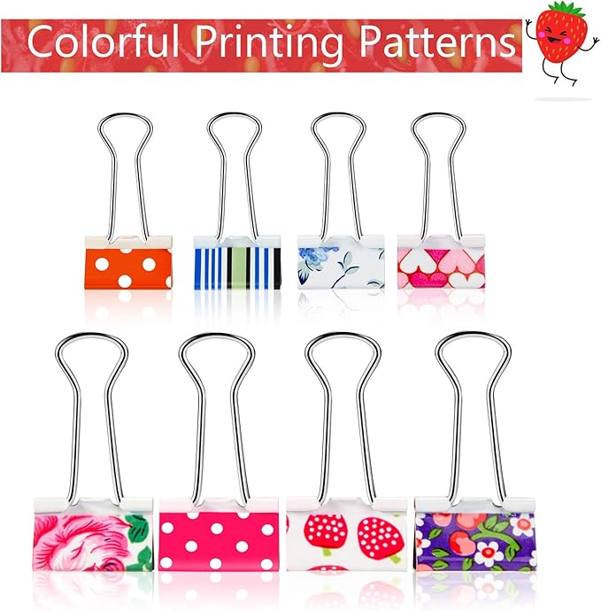 Outus 48 Pcs Colorful Binder Clips with Box, 2 Sizes, 0.75 in & 1 in | Decorative printing, small mini clips, paper notebook organizer, assorted designs, storage box included