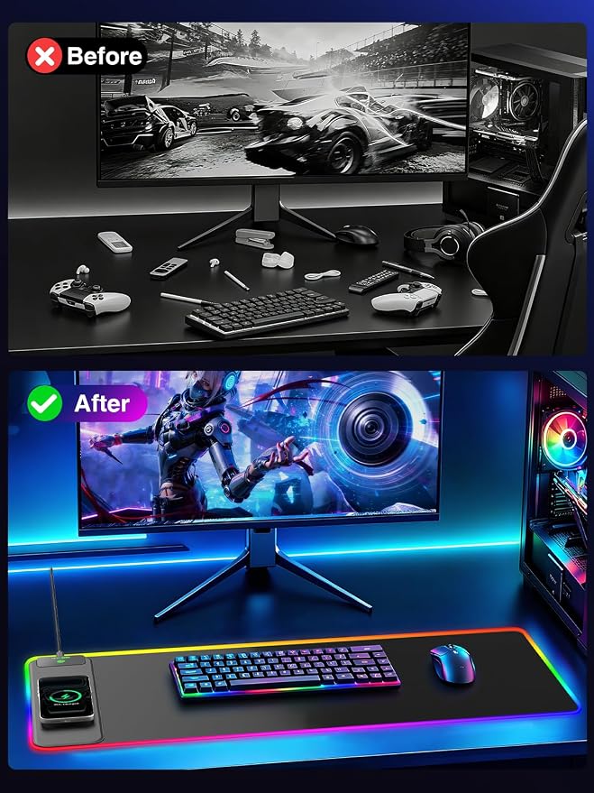 Wireless Charging Mouse Pad Gaming, 31.5"x11.8" Large Desk Mat, Waterproof | RGB Mousepad, Smooth Glide, Stitched Edge, Non-Slip Rubber Base, Desk Pad Computer Keyboard Mat, No Adapter