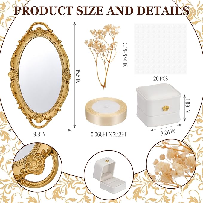 Liliaafar Gold Wedding Mirror Tray with 2 Pcs Ring Boxes Mirrors Flat Circle Plates with Floral Ribbon Design Trays for Table Centerpieces Wedding Party Centerpieces