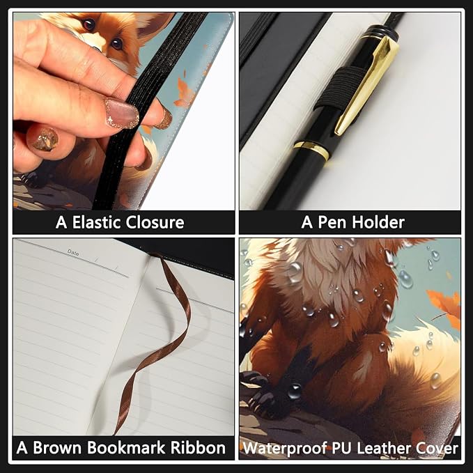 A5 Leather Lined Journal Notebook, 200 Pages Hardcover Executive Notebook for Men Women Office School Note Taking, Thick Writing Paper Daily Journal with Bookmarks/Indexes, Cute Fox