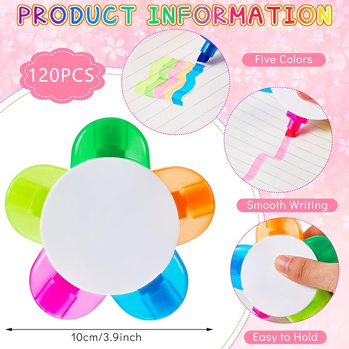 Outus 120 Pieces Petals Highlighters Assorted Colors Back to School Flower Shape Watercolor Highlighter Pens 5-in-1 Fluorescent Pens for Office School Stationery Aesthetic Supplies,5 Colors