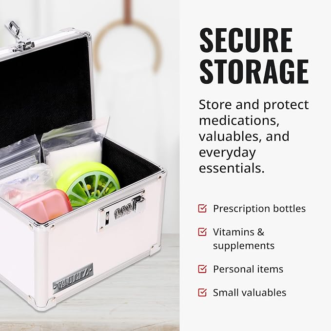Vaultz Locking Medicine Box with Combination Lock - Secure Metal Lock Box Safe for Medication, Pills & Valuables, Small Lockbox with Code, Portable Storage Case, White | Metal lock box, storage case for medication and small valuables, 3-digit combinati...