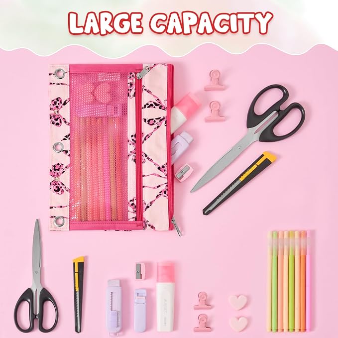WAWSAM Bow Pencil Pouch for 3 Ring Binder, Zipper Pencil Pouches for Girls | 2 Pocket Clear Window Pencil Case, 3 Ring Pencil Pouch for School Supplies, Pencil Bags for Office College