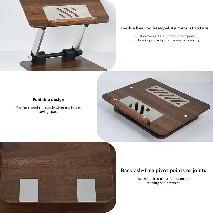 aceyoon Walnut Wood Laptop Stand 180° Adjustable Retro Style Foldable Notebook Riser Heat Dissipation Vintage Desktop Book Stands Natural Grain Laptop Bracket Compatible with 10-15.6” Laptops