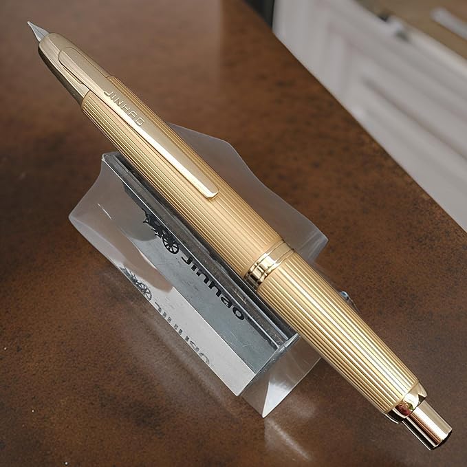 JH10 Press Fountain Pen Fine Nib with Velvet bag, Retractable Nib Calligraphy Ink Pen with Converter Writing (Line Gold)