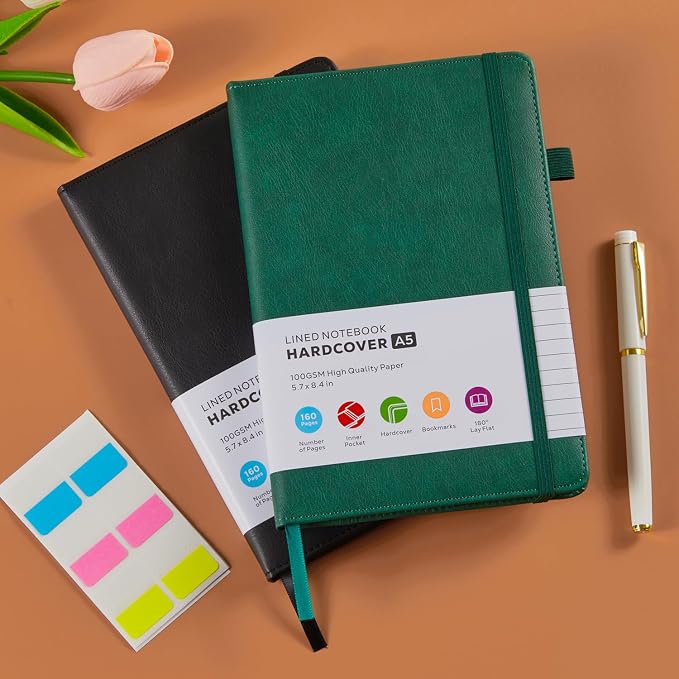 2 Pack Lined Journal Notebook for Work, A5 Medium Size (5.7'' x 8.4"), for Women Men Travelers Writing, Leather Hardcover, 100GSM Thick Paper, Daily Diary, School Office Supplies, Black & Green