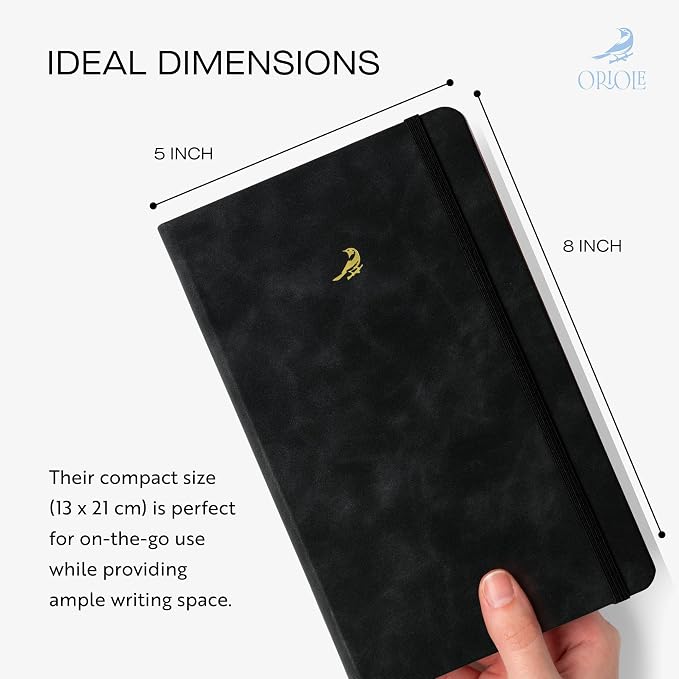 Oriole Vegan Leather Ruled Notebook - Black | 176 Pages of Thick Lined Paper | Soft Touch Hardcover Journal (5 x 8 in) with Gold Foil Bird Design & Luxury Gift Box