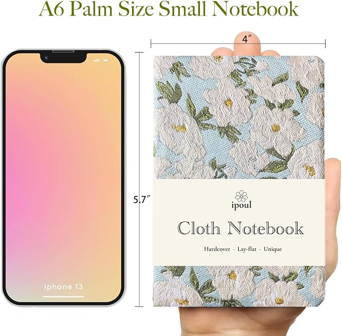 Pocket Notebook, A6, 4x6, Small Embroidered Journal, Cute Notebook, Lay Flat, Hardcover, Lined Notebook & Sketchbook, Personal Writing Journal for Women, Blue Journal, White Gardenia Flower
