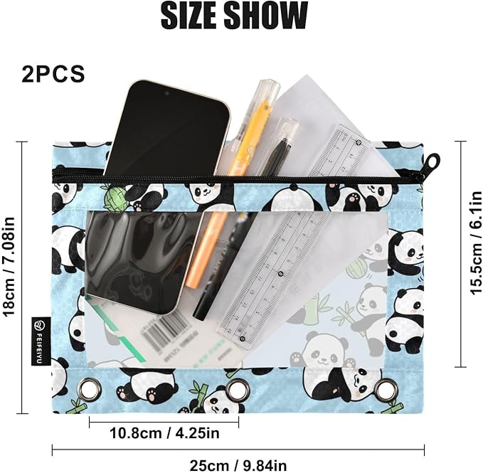 ALAZA Pencil Pouch for 3 Ring Binder, Panda Bamboo Cute Binder Pencil Pouches with Clear Window Zipper Pencil Case Cosmetic Bags for Office College Supplies, 2PCS