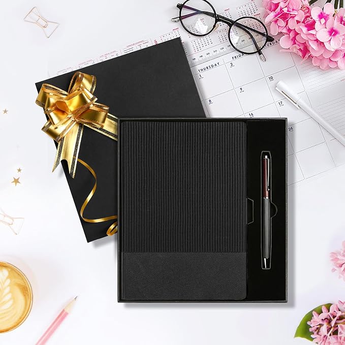 TSFPapier A5 Lined Notebook with Pen & Gift Box 216 Pages PU Leather Journals for Women Men 100GSM Thick Paper College Ruled Notebook for Gifts,School,Travel,Business,Work,Home Writing (Black)